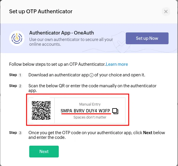 zoho setup otp authenticator